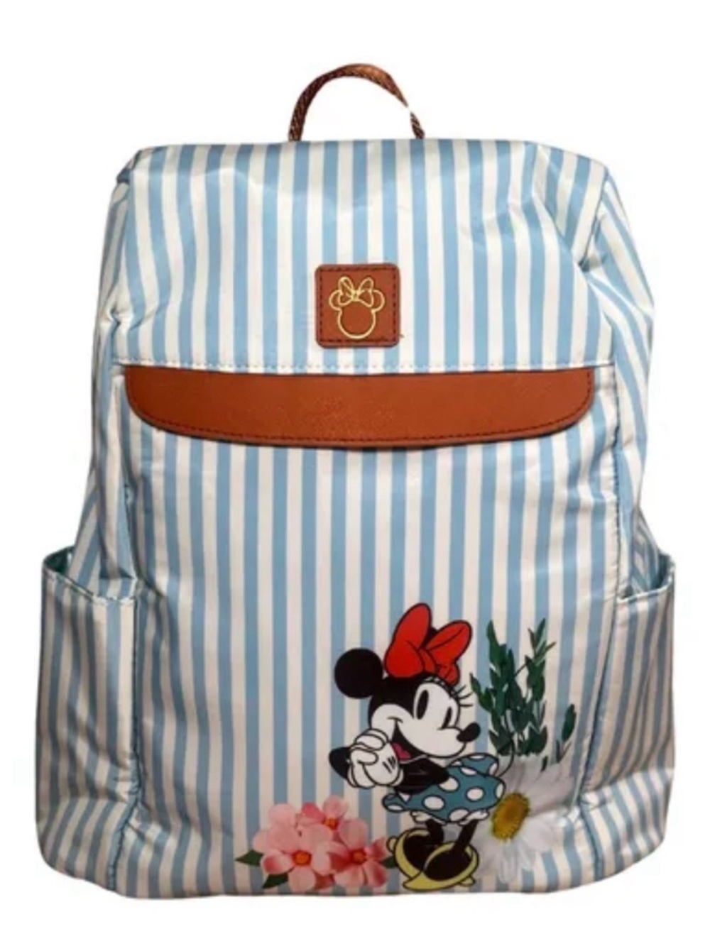 Minnie Mouse Blue & White Stripe Backpack with Brown Trim